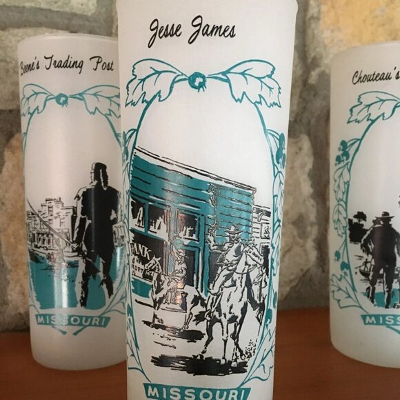 Vtg Missouri BARWARE Frosted Glass Tumblers Cowboy Western Jesse James SET OF 3 - Picture 4 of 6